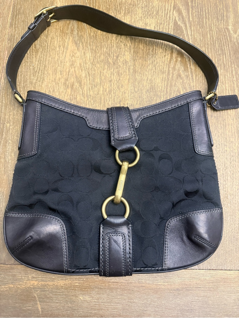 Vintage Coach Black Signature Canvas Shoulder Bag with Brass Hardware